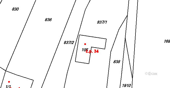 Radíkov 34, Český Rudolec na parcele st. 105 v KÚ Dolní Radíkov, Katastrální mapa