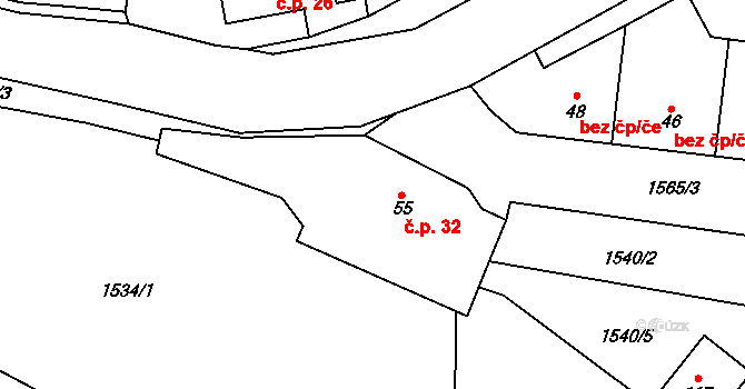 Hrbov 32, Velké Meziříčí na parcele st. 55 v KÚ Hrbov u Velkého Meziříčí, Katastrální mapa