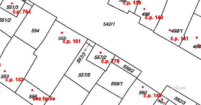 Vacenovice 778 na parcele st. 557/2 v KÚ Vacenovice u Kyjova, Katastrální mapa