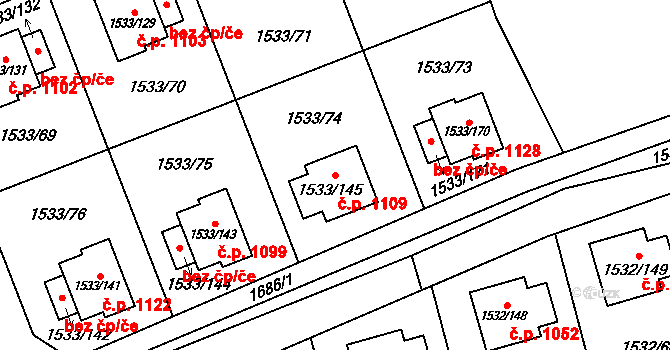 Řeporyje 1109, Praha na parcele st. 1533/145 v KÚ Řeporyje, Katastrální mapa