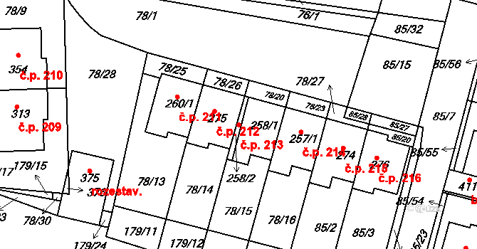 Minice 213, Kralupy nad Vltavou na parcele st. 258/1 v KÚ Minice u Kralup nad Vltavou, Katastrální mapa