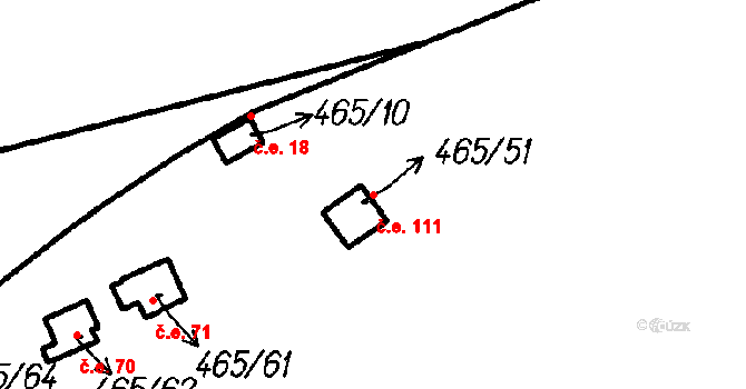 Horní Hradiště 111, Plasy na parcele st. 465/51 v KÚ Horní Hradiště, Katastrální mapa