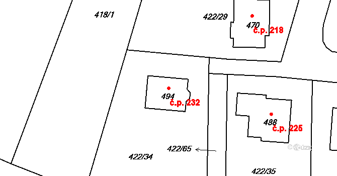 Smrkovice 232, Písek na parcele st. 494 v KÚ Smrkovice, Katastrální mapa