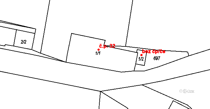 Prašný Újezd 32, Mlečice na parcele st. 1/1 v KÚ Prašný Újezd, Katastrální mapa