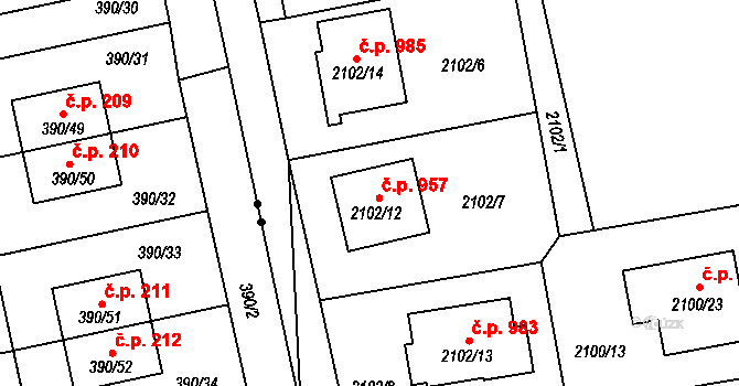 Třemošná 957 na parcele st. 2102/12 v KÚ Třemošná, Katastrální mapa