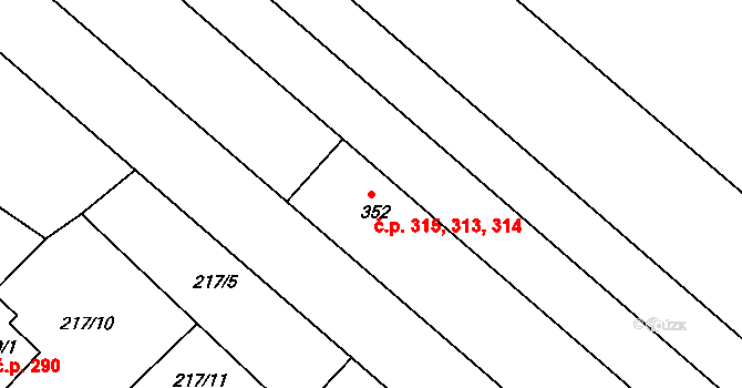 Adamov 313,314,315 na parcele st. 352 v KÚ Adamov, Katastrální mapa