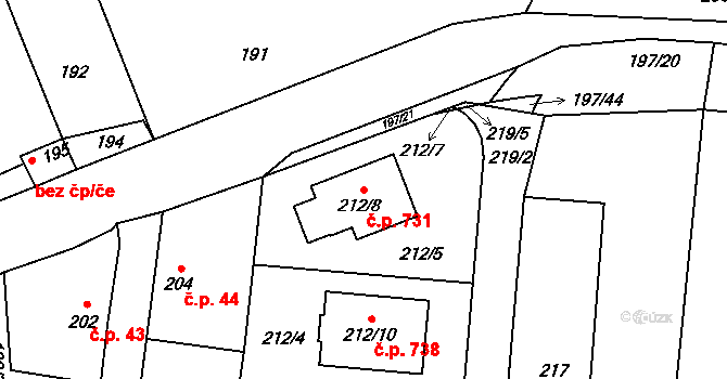 Vinařice 731 na parcele st. 212/8 v KÚ Vinařice u Kladna, Katastrální mapa