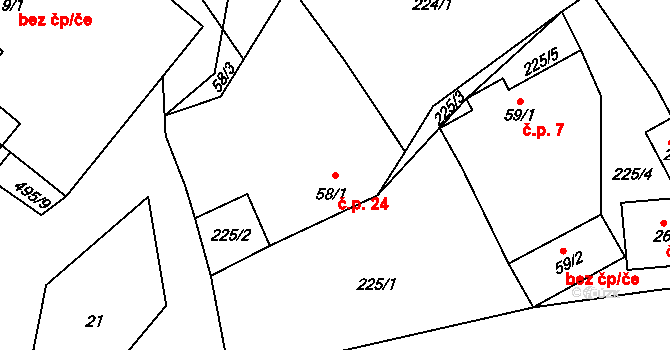 Komorovice 24 na parcele st. 58/1 v KÚ Komorovice, Katastrální mapa