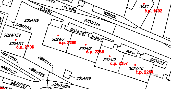 Louny 2258 na parcele st. 3024/8 v KÚ Louny, Katastrální mapa