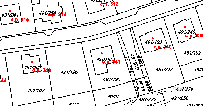 Kanice 341 na parcele st. 491/310 v KÚ Kanice, Katastrální mapa