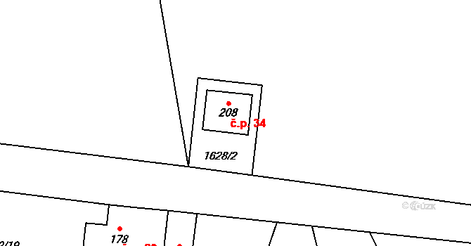 Chlístov 34, Okrouhlice na parcele st. 208 v KÚ Chlístov u Okrouhlice, Katastrální mapa