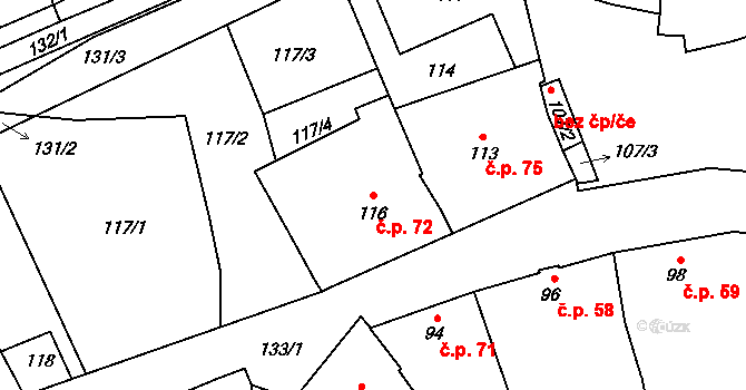 Bohumilice 72, Klobouky u Brna na parcele st. 116 v KÚ Bohumilice, Katastrální mapa