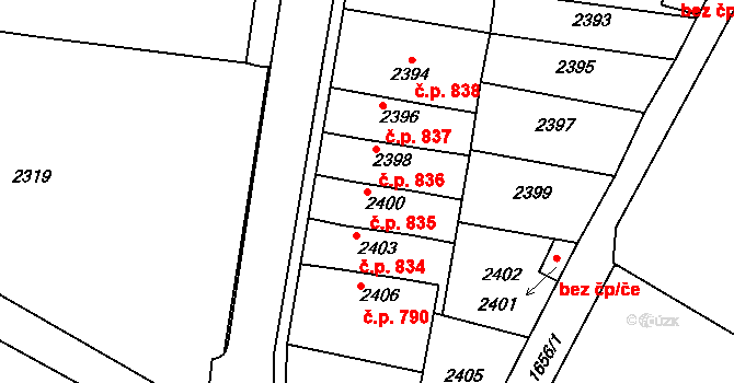 Hustopeče 835 na parcele st. 2400 v KÚ Hustopeče u Brna, Katastrální mapa