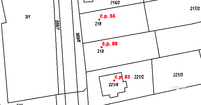 Blazice 69 na parcele st. 219 v KÚ Blazice, Katastrální mapa