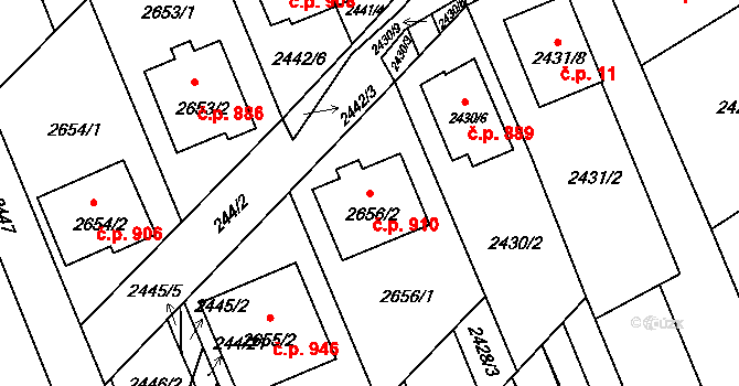 Koryčany 910 na parcele st. 2656/2 v KÚ Koryčany, Katastrální mapa