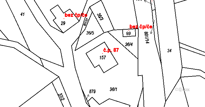 Bohousová 87, Záchlumí na parcele st. 157 v KÚ Bohousová, Katastrální mapa