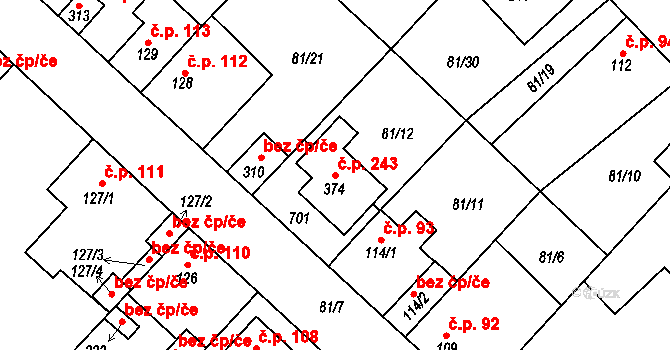 Lhota 243 na parcele st. 374 v KÚ Lhota u Kamenných Žehrovic, Katastrální mapa