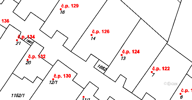 Jevišovice 126 na parcele st. 14 v KÚ Jevišovice, Katastrální mapa