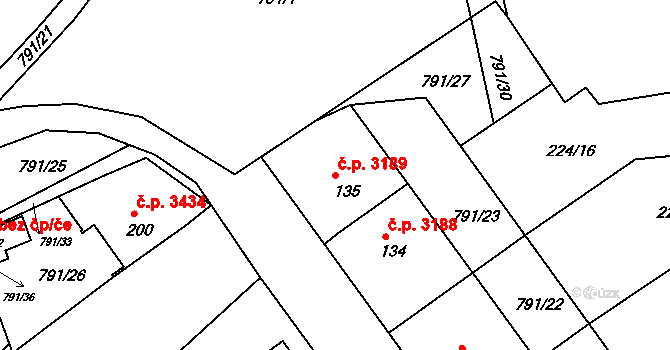 Znojmo 3189 na parcele st. 135 v KÚ Znojmo-Hradiště, Katastrální mapa