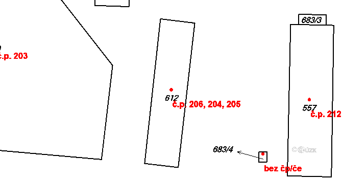 Stochov 204,205,206 na parcele st. 612 v KÚ Stochov, Katastrální mapa