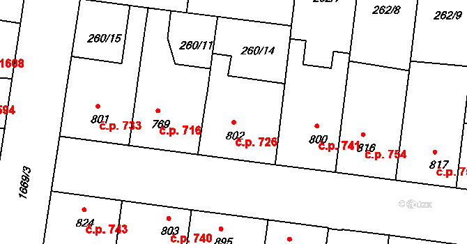 Nymburk 726 na parcele st. 802 v KÚ Nymburk, Katastrální mapa