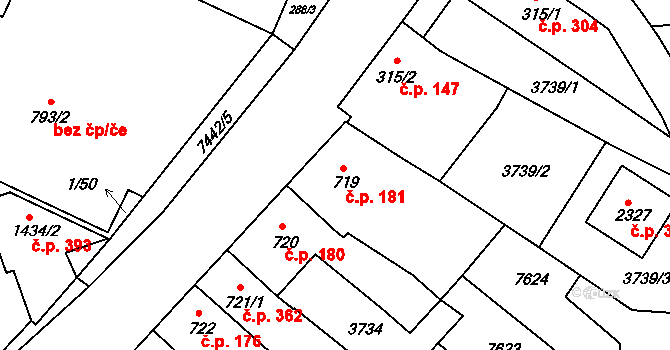 Telč-Podolí 181, Telč na parcele st. 719 v KÚ Telč, Katastrální mapa
