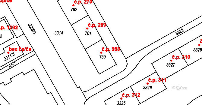 Lyžbice 268, Třinec na parcele st. 780 v KÚ Lyžbice, Katastrální mapa