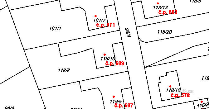 Lyžbice 569, Třinec na parcele st. 118/10 v KÚ Lyžbice, Katastrální mapa