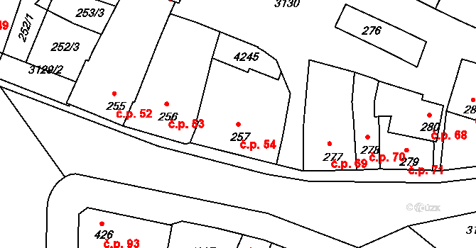 Čelákovice 54 na parcele st. 257 v KÚ Čelákovice, Katastrální mapa