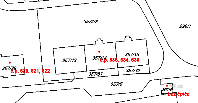 Doksy 634,635,636 na parcele st. 357/15 v KÚ Doksy u Máchova jezera, Katastrální mapa