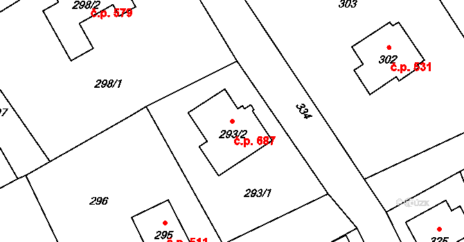 Arnultovice 687, Nový Bor na parcele st. 293/2 v KÚ Arnultovice u Nového Boru, Katastrální mapa