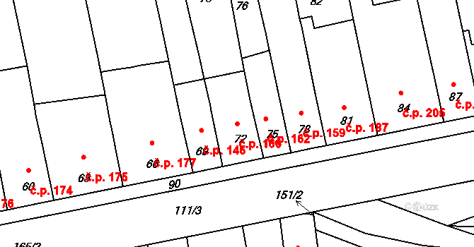 Telnice 166 na parcele st. 72 v KÚ Telnice u Brna, Katastrální mapa
