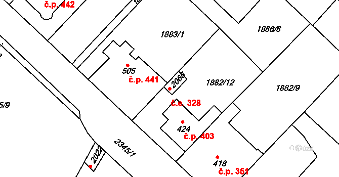 Tišnov 328 na parcele st. 2066 v KÚ Tišnov, Katastrální mapa