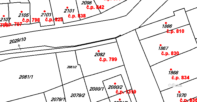 Slavíkovice 799, Rousínov na parcele st. 2082 v KÚ Rousínov u Vyškova, Katastrální mapa