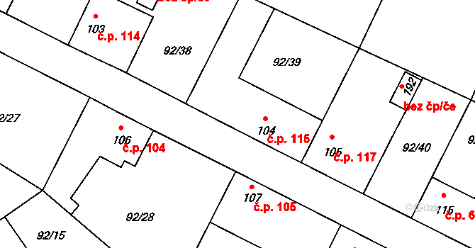 Cerhýnky 115, Cerhenice na parcele st. 104 v KÚ Cerhýnky, Katastrální mapa