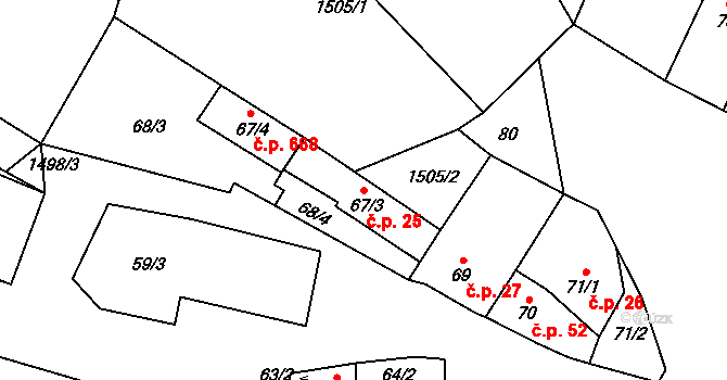 Vinařice 25 na parcele st. 67/3 v KÚ Vinařice u Kladna, Katastrální mapa