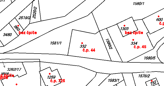 Horní Rokytnice 44, Rokytnice nad Jizerou na parcele st. 332 v KÚ Horní Rokytnice nad Jizerou, Katastrální mapa