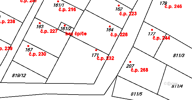 Brodce 232 na parcele st. 171 v KÚ Brodce nad Jizerou, Katastrální mapa