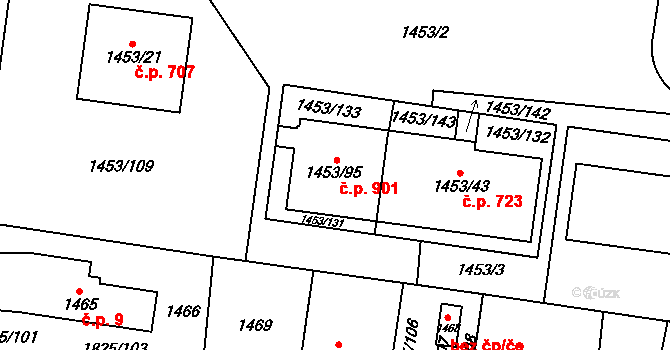 Kosmonosy 901 na parcele st. 1453/95 v KÚ Kosmonosy, Katastrální mapa