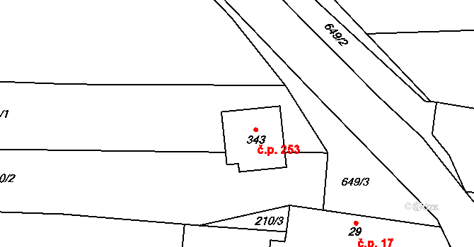 Lovčice 253 na parcele st. 343 v KÚ Lovčice u Nového Bydžova, Katastrální mapa