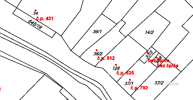 Chvalčov 512 na parcele st. 36/2 v KÚ Chvalčova Lhota, Katastrální mapa