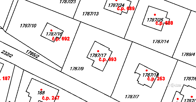 Jilemnice 693 na parcele st. 1787/17 v KÚ Jilemnice, Katastrální mapa