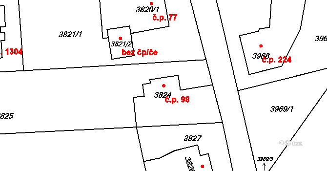 Lutyně 98, Orlová na parcele st. 3824 v KÚ Horní Lutyně, Katastrální mapa