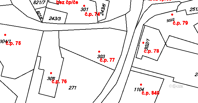 Rožnov pod Radhoštěm 77 na parcele st. 303 v KÚ Rožnov pod Radhoštěm, Katastrální mapa