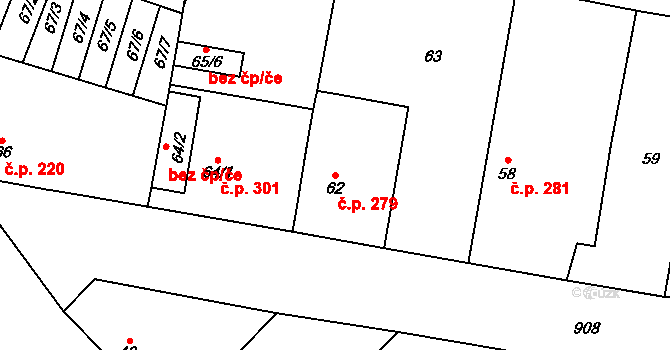 Milovice 279 na parcele st. 62 v KÚ Milovice nad Labem, Katastrální mapa