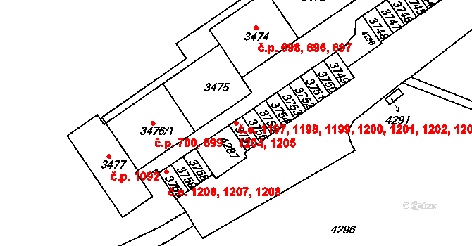 Komín 1197,1198,1199,1200,, Brno na parcele st. 3749 v KÚ Komín, Katastrální mapa