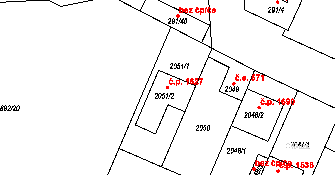 Trnovany 1627, Teplice na parcele st. 2051/2 v KÚ Teplice-Trnovany, Katastrální mapa