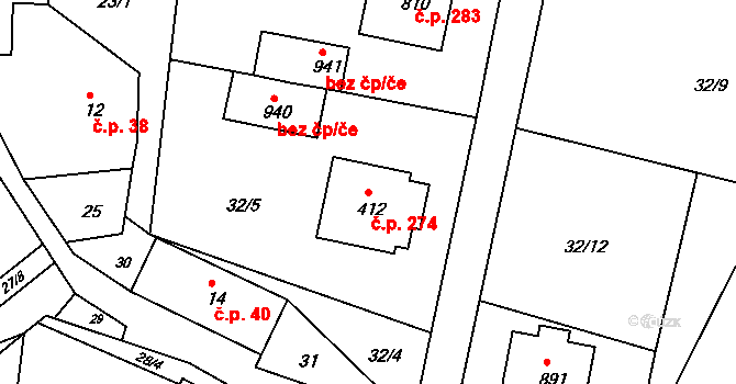 Komorní Lhotka 274 na parcele st. 412 v KÚ Komorní Lhotka, Katastrální mapa