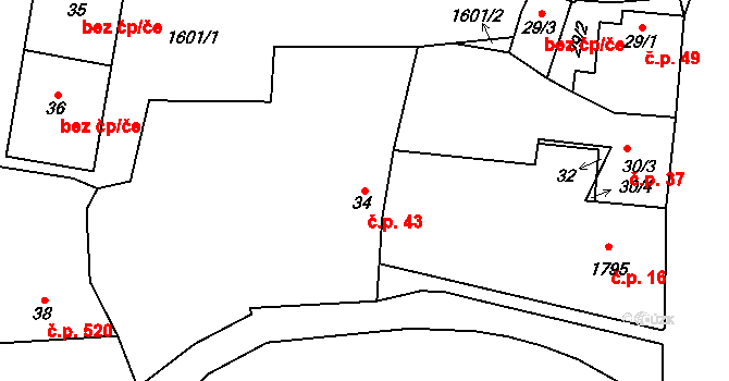 Řeporyje 43, Praha na parcele st. 34 v KÚ Řeporyje, Katastrální mapa