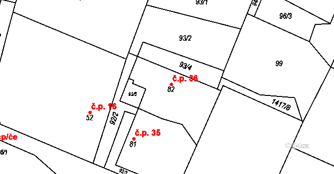 Bor 36, Suchdol nad Lužnicí na parcele st. 82 v KÚ Bor, Katastrální mapa